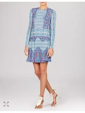 "New" BCBGMaxAzria Blue & Teal Paisley Long-Sleeve Mini Dress